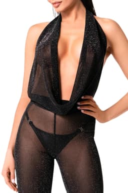 Noir Handmade Bodystocking in Schwarz, Detailaufnahme des silbern schimmernden Fadens im Netzmaterial