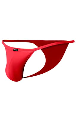 Cut4Men Tanga Kini in Rot, Detailansicht des gummierten Logos am Bund