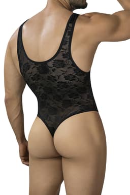 Cut4Men Lace Sculpt Thong Bodysuit Bodysuit in Schwarz, Ansicht von der Seite mit Detail auf Material und Logo