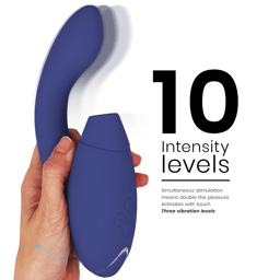 Soft-Touch-Tasten des Womanizer Duo 2 in Blau für Luftdruck und Vibration in der Nahaufnahme