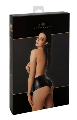 Noir Handmade Wetlook-Shorts in Schwarz, Nahaufnahme der Material- und Nahtverarbeitung