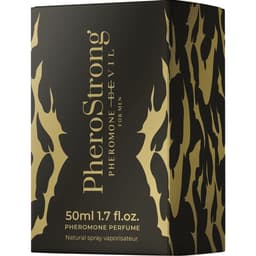PheroStrong Devil Pheromon-Parfum für Männer, Flakon neben der Faltschachtel