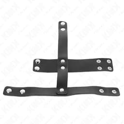 Kink Peniskäfig aus Leder geschlossen, Käfigform von der Seite fotografiert