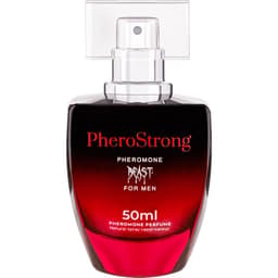 PheroStrong Beast Pheromon-Parfum für Männer, 50 ml, Flakon neben der Faltschachtel