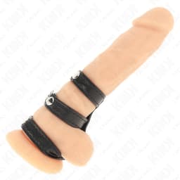 Kink Leder-Penisring mit drei Ringen von der Seite, Riemenführung im Detail