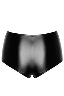 Noir Handmade Wetlook-Shorts in Schwarz, Detailaufnahme des glatten Wetlook-Materials
