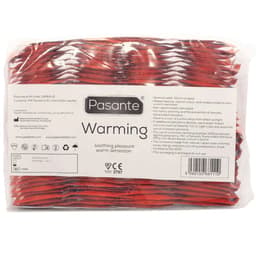 Verpackung der Pasante Warming Kondome mit Angaben zu Länge und Nennbreite