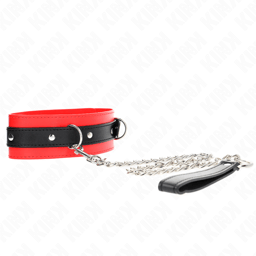 KINK Halsband mit rotem Riemen umgelegt, Größenverhältnis am Hals