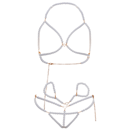 Leg Avenue Perlen-Set flach ausgelegt, BH, Tanga und Armbänder in der Übersicht