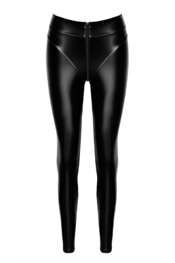 Noir Handmade Wetlook-Leggings in Schwarz, Detailaufnahme des 2-Wege-Reißverschlusses im Schritt
