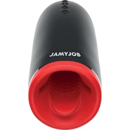 Jamyjob Spin-X Masturbator in Schwarz mit rotem Innenleben, Gesamtansicht