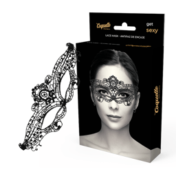 Coquette Chic Desire feine Augenmaske aus schwarzer Spitze, Gesamtansicht der Maske flach ausgelegt