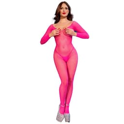 Chilirose Netz-Body in Neonpink mit langen Ärmeln, Gesamtansicht von vorne