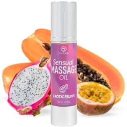 Secretplay Exotische Früchte-Massageöl, Verpackung mit Produktinformationen