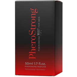 PheroStrong Beast Pheromon-Parfum für Männer, 50 ml, Sprühkopf und Etikett in Nahaufnahme