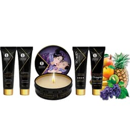 Shunga Exotic Fruits Kit, Detailansicht der Massageöl-Fläschchen