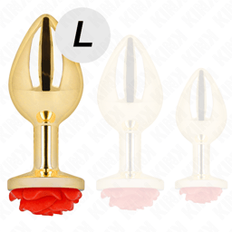 Kink Edelstahl-Analplug in Roségold mit roter Rose liegend auf hellem Untergrund