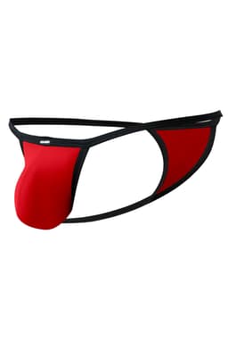 Cut4Men Mini Tanga Kini in Rot, Detailansicht des gummierten Logos am Bund