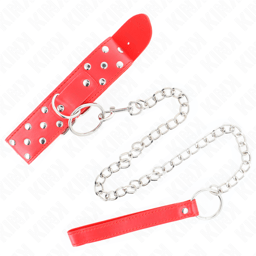 Kink Nietenhalsband mit Ring und Leine in Rot, die umlaufenden Nieten im Detail