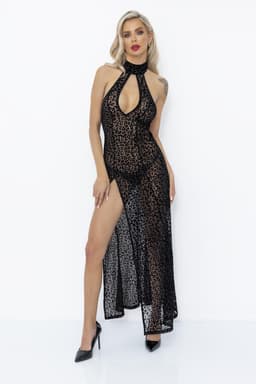Noir Handmade Flock-Kleid, Detailansicht des Schlitzes vorne