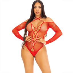 Leg Avenue Ouvert-Body in Rot mit Strasssteinen, Gesamtansicht des Netz-Bodys
