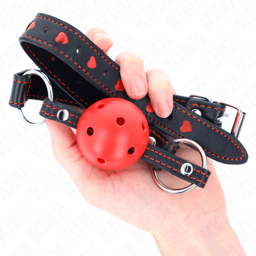 Kink Ballknebel Modell 2 in Rot flach ausgelegt, gesamte Riemenlänge sichtbar