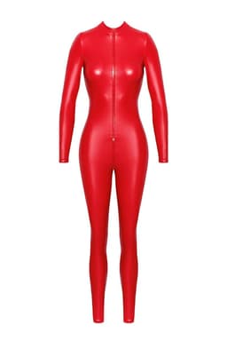 Noir Handmade Wetlook-Overall in Rot, Detailaufnahme des hohen Kragens