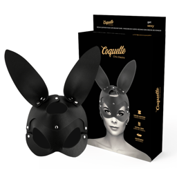 Coquette Chic Desire Maske mit Hasenohren aus veganem Leder, Gesamtansicht der Maske flach ausgelegt