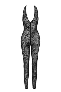 Noir Handmade Catsuit, Nahaufnahme des weichen Leoparden-Flocks