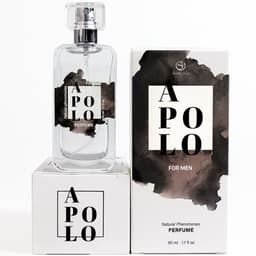 Secretplay Apolo Pheromon-Parfum Spray für Männer, 50 ml, Flasche neben der Umverpackung mit Produktangaben