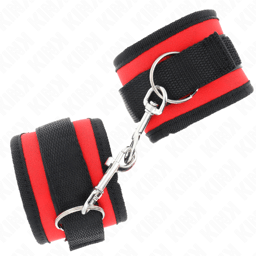 Kink Handgelenkfesseln in Rot-Schwarz im Größenvergleich, verstellbar 18–35 cm