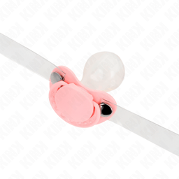 Kink Knebel in Schnullerform in Rosa flach ausgelegt, gesamte Riemenlänge sichtbar