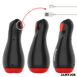 Jamyjob Core-X Masturbator in der Hand gehalten, zeigt die handliche Größe