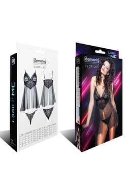 Demoniq Clotilde Babydoll in schwarz, Detailansicht der Träger und Nähte