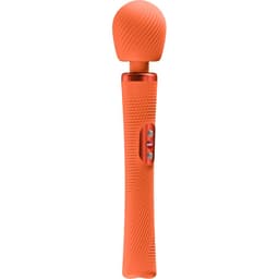 Fun Factory VIM Wand-Vibrator in Orange, flexibler Hals und geriffelte Griffstruktur im Detail