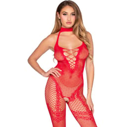 Leg Avenue Bodystocking in Rot aus gepunktetem Netz, Gesamtansicht am Model