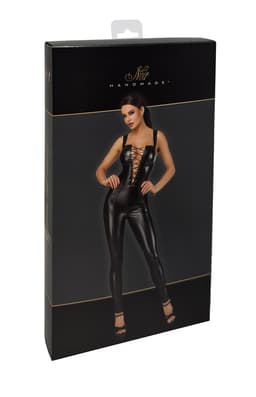 Noir Handmade F362 Wetlook Overall in Schwarz, seitliche Ansicht am Körper getragen
