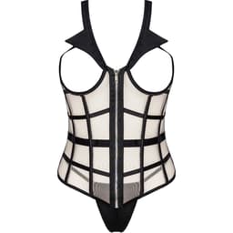 Livco Corsetti Laura Korsett mit String in Schwarz und Beige, Detail des Frontreißverschlusses am Korsett