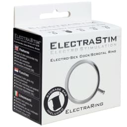 ElectraStim ElectraRing mit Mikrofasertasche und Anschlusskabel abgebildet