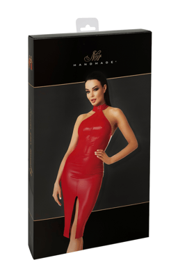 Noir Handmade Wetlook-Midikleid in Rot, Nahaufnahme der Material- und Nahtverarbeitung
