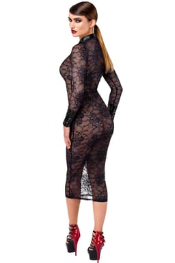 Noir Handmade F376 Noirelle Spitzenkleid in Schwarz, Ansicht der breiten Power-Wetlook-Manschetten