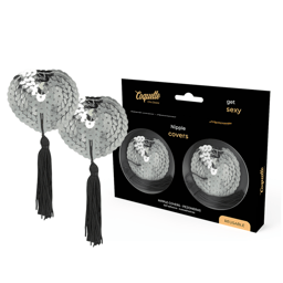 Coquette Chic Desire selbstklebende Nippelabdeckungen in Silber, Gesamtansicht des Paares flach ausgelegt