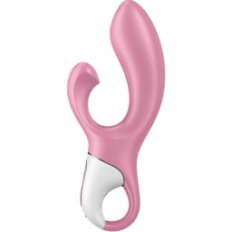 Satisfyer Air Pump Bunny 2 im Größenvergleich mit der Hand, freigestellt auf weißem Hintergrund