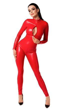 Noir Handmade Wetlook-Overall in Rot, Detailaufnahme des vorderen 3-Wege-Reißverschlusses