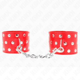 Kink Handgelenkfesseln mit Nietenbesatz in Rot von der Seite, Nietenbesatz und Druckknopfleiste im Detail