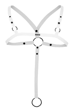 Cut4Men Body-Harness in Weiß, Detailaufnahme des gummierten Logos auf der Rückseite
