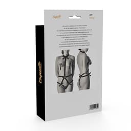 Coquette Chic Desire Harness-Set in Schwarz mit Nippelabdeckungen, flach ausgelegtes Set mit allen Teilen