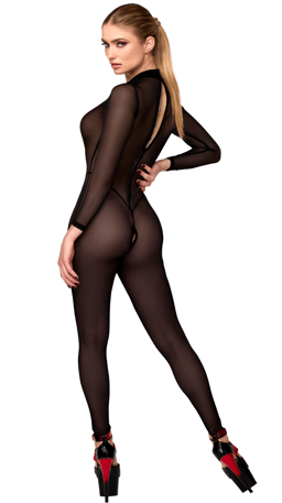 Noir Handmade Troublemaker Catsuit in Schwarz, Detailansicht von Verschluss und Nahtführung