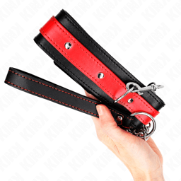 Kink Halsband mit rotem Riemen und Leine flach ausgelegt, gesamte Länge sichtbar
