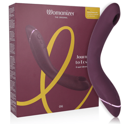 Womanizer OG Druckwellenvibrator in Aubergine, Gesamtansicht mit gebogenem Kopf und Schaft